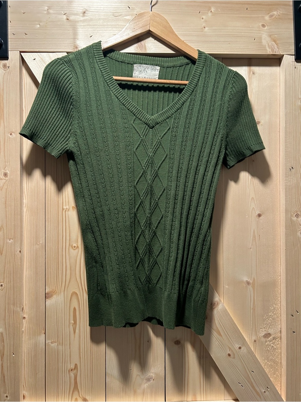 Debbie Morgan Olive Green V-Neck Cable Knit Short Sleeve Sweater